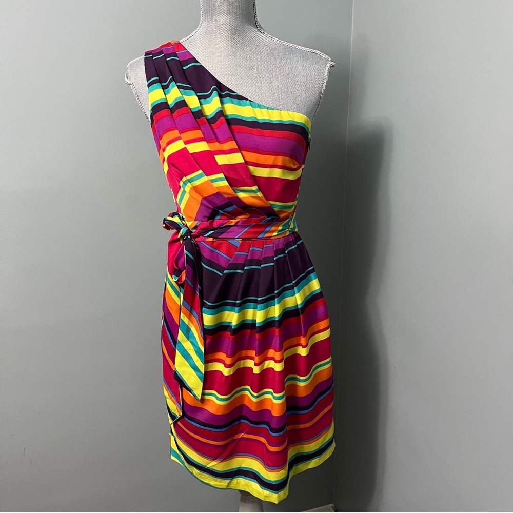 MAURICES Rainbow pleated striped belted one shoulder mini dress size medium